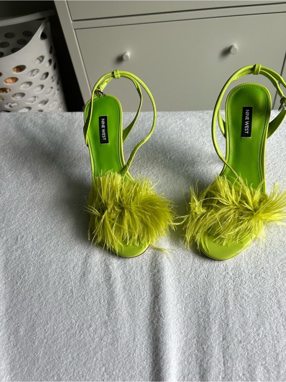 Nine West Lime Green Feather-Accent High Heel Sandals